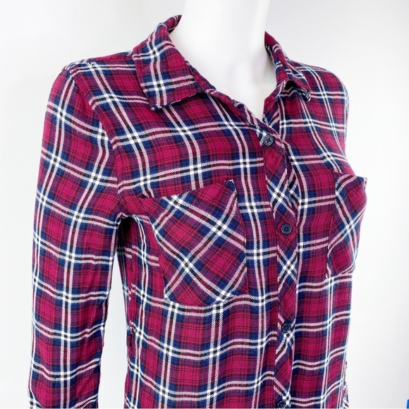 Rails Size XS Red Plaid Button Down Collared Flannel Shirt Dress Tunic - Picture 6 of 8